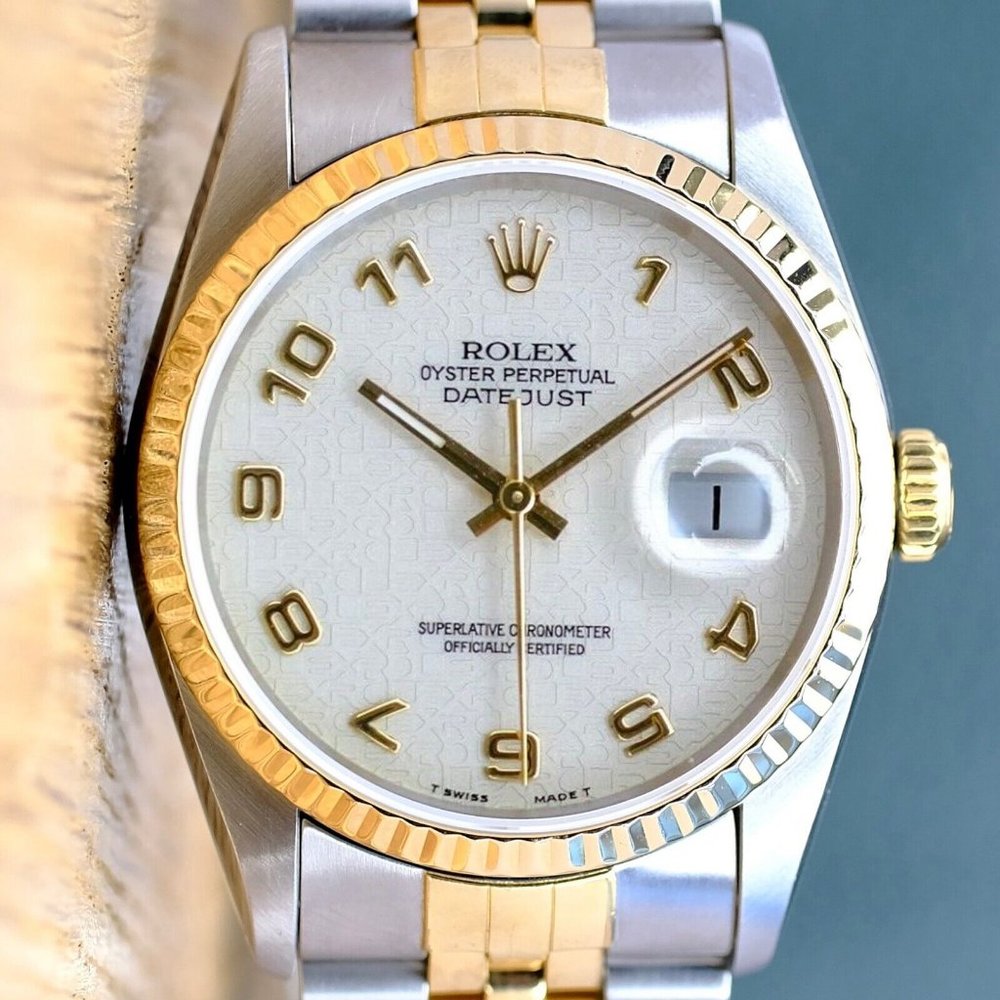 ROLEX DATEJUST CREAM PYRAMID ARABIC DIAL 18K GOLD & STEEL FLUTED JUBILEE 16233